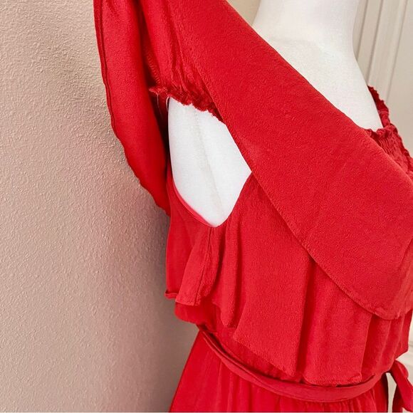 Lovers + Friends Orange Ruffle Dress Off The Shoulder Tie Waist Size Medium - Picture 3 of 9